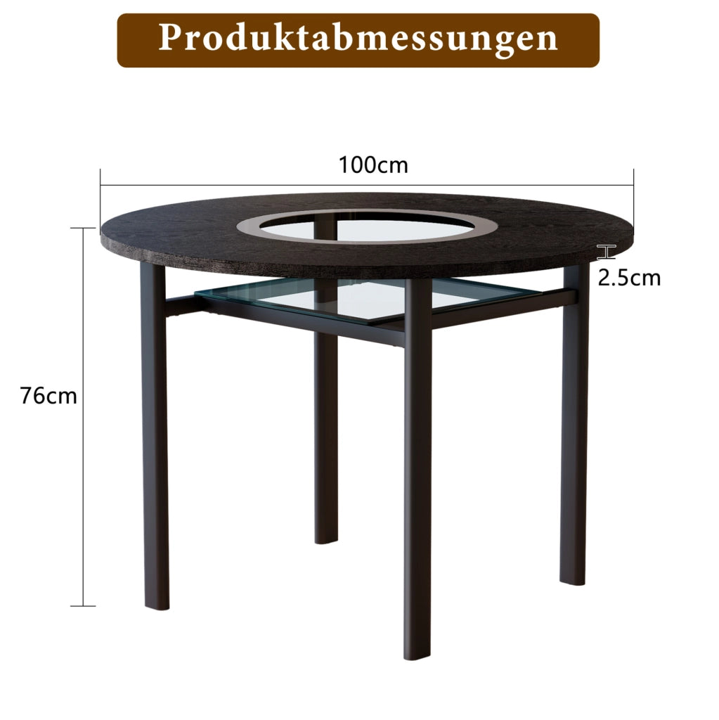 Tavolo rotondo 100 cm in MDF nero con inserto in vetro e struttura in metallo
