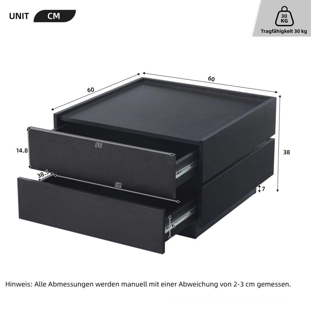 Tavolino da caffè girevole a 360° con 2 cassetti e 2 ripiani; 60x60x38 cm; nero; in truciolare