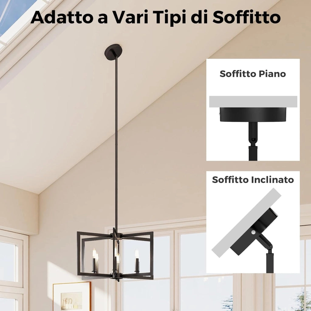 Lampadario a Sospensione a 6 Luci, Lampada a Sospensione Geometrica Moderna in Metallo Industriale con Altezza Regolabile, Lampada da Soffitto per Cucina, Salotto e Camera da Letto (Nero)