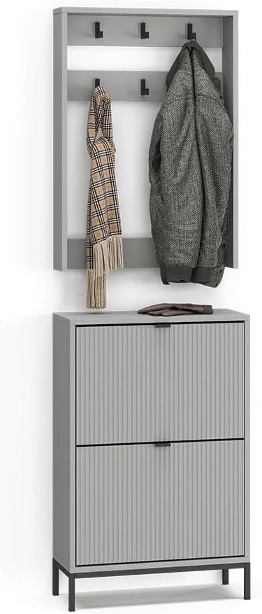 Armadio da ingresso Eliza, Grigio, 60 x 92 cm Set, 2 parti, per montaggio a parete con mensola e ganci appendiabiti