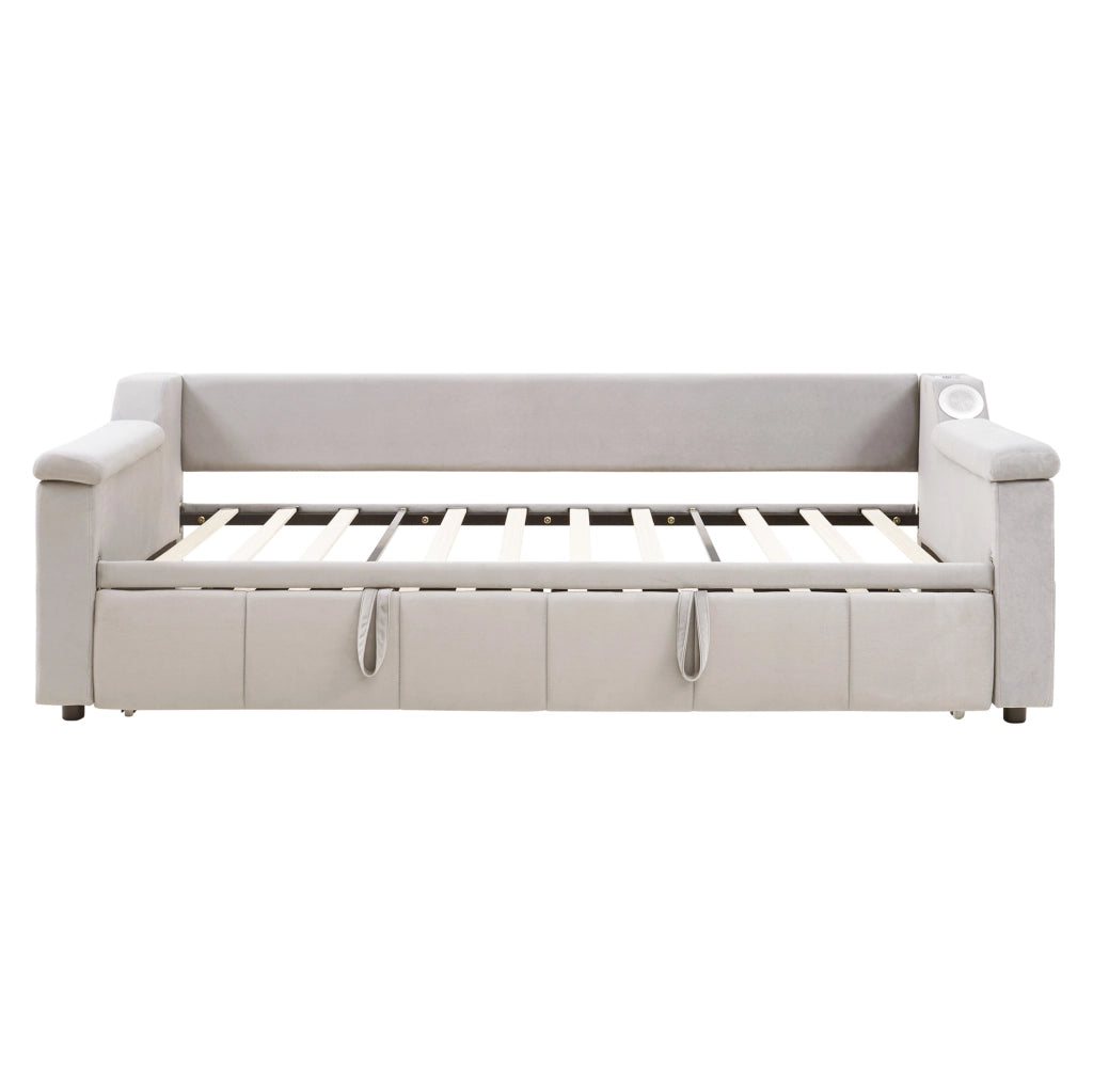 Divano letto 90x190 cm convertibile con Bluetooth; USB e vani in velluto beige