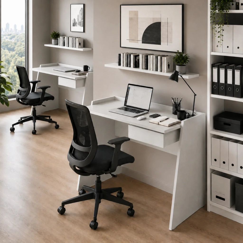 Scrivania Bianca Moderna con Cassetto e Piano Effetto Cemento | Scrivania PC Salvaspazio per Smart Working, Home Office e Studio | Tavolo Computer 90x60x80 cm