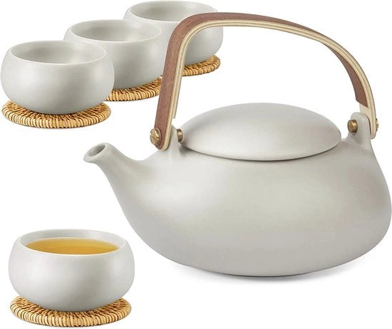 Set di tè in porcellana, servizio per tè giapponese con setaccio per tè libero, 800 ml in ceramica cinese con teiera e 4 tazze 130 ml con manico in legno di faggio e sottopiatto in rattan, grigio