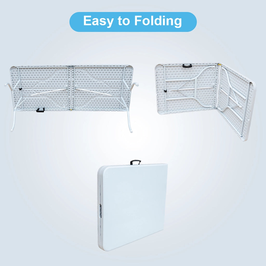 Tavolo pieghevole con struttura in ferro, piano in plastica, per esterno e casa, bianco, 180,34 × 73,66 × 73,66 cm
