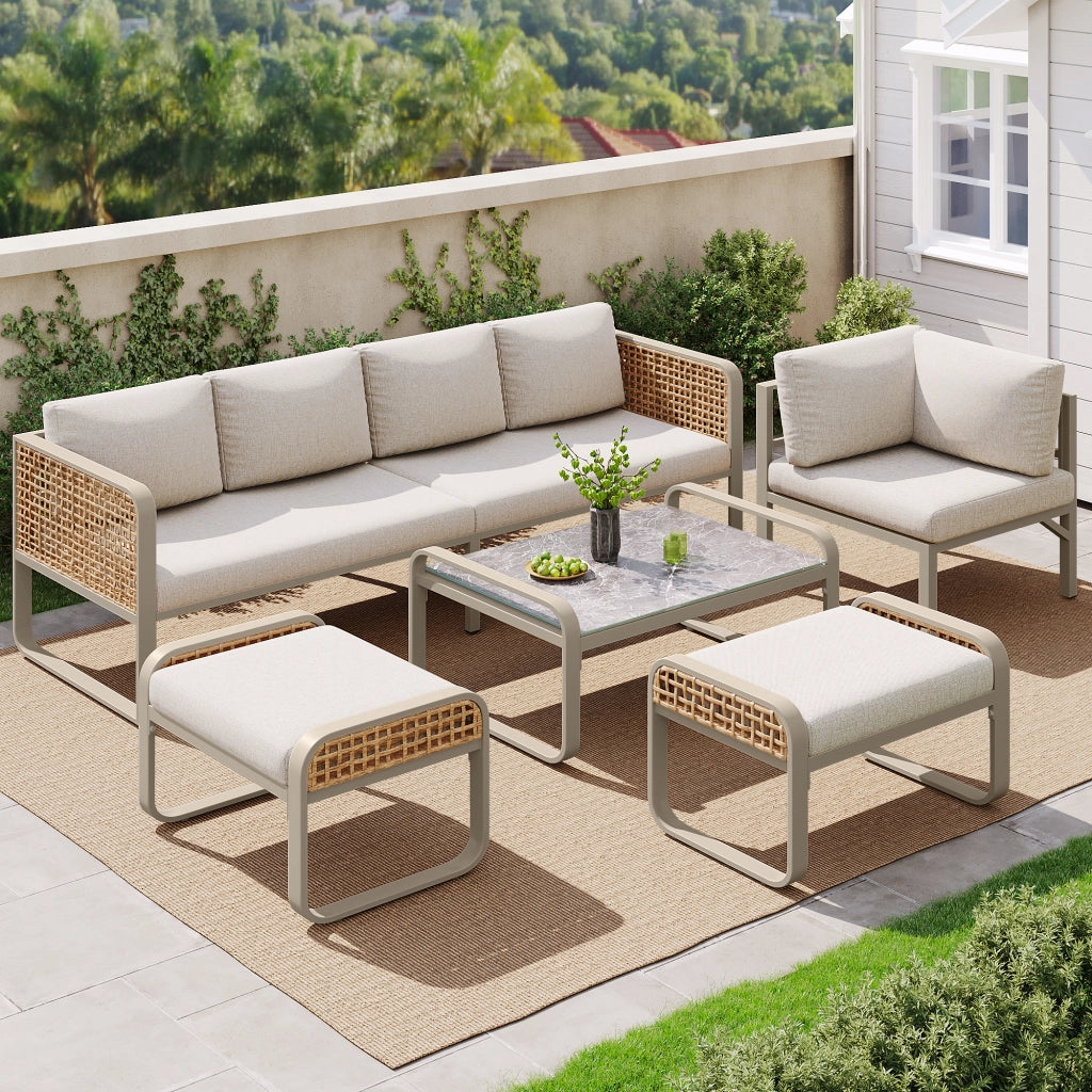 Set Divano da Giardino Angolare 6-7 Posti ¨C MINIMAL ¨C Polyrattan Beige con Cuscini