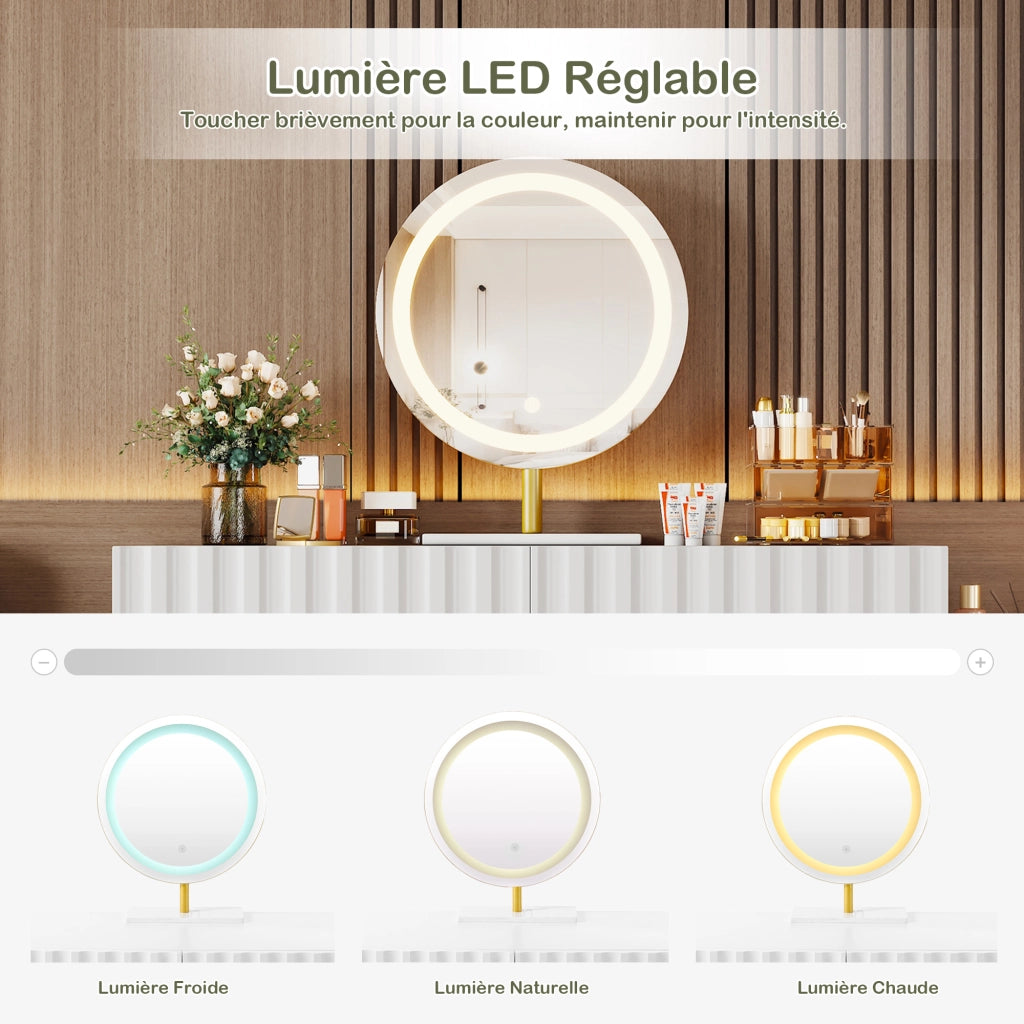 Toeletta con specchio LED e 5 cassetti; per camera da letto; in MDF; 100×40×127 cm; bianco