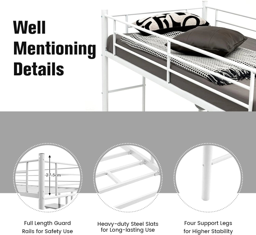 Letto a soppalco con scrivania, 200 x 95 x 180,5 cm, letto a castello con 2 scale e griglia di protezione per bambini, telaio per letto in metallo da 150 kg (bianco)