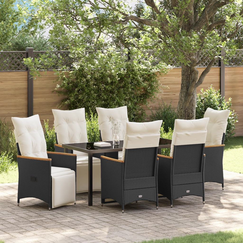 Set da Pranzo da Giardino da 7 Pezzi con Cuscini Nero Rattan Polimerico