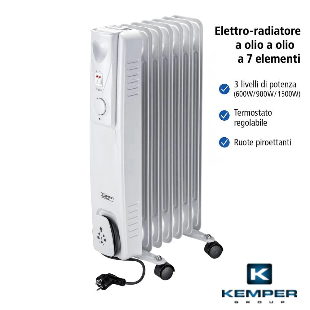 Elettro­radiatore ad olio kemper 1500w a 7 elementi per riscaldamento rapido