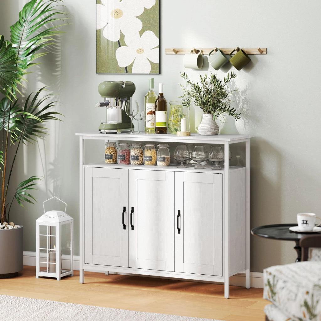 Credenza da Cucina con Ripiano Aperto e 2 Armadietti. in Legno e Acciaio. 100x35x88 cm. Bianco
