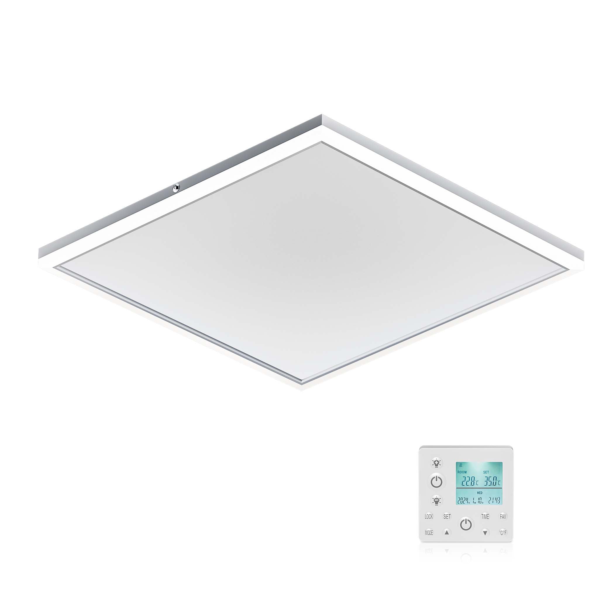 Riscaldamento a soffitto 370 W, pannello per riscaldamento a infrarossi con luce LED e termostato, 65,5 x 63 x 3,5 cm