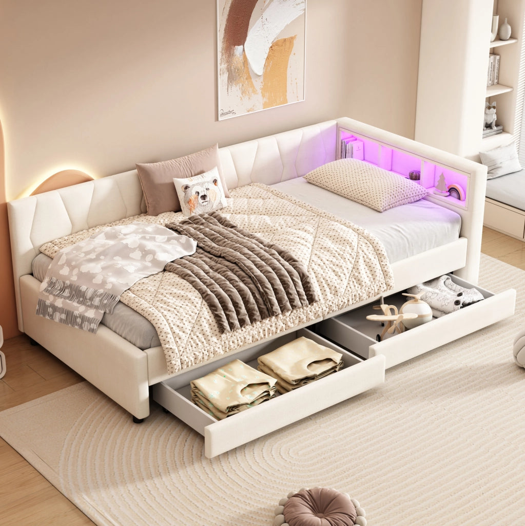 Letto daybed 90 x 200 cm in lino con LED, USB e cassetti