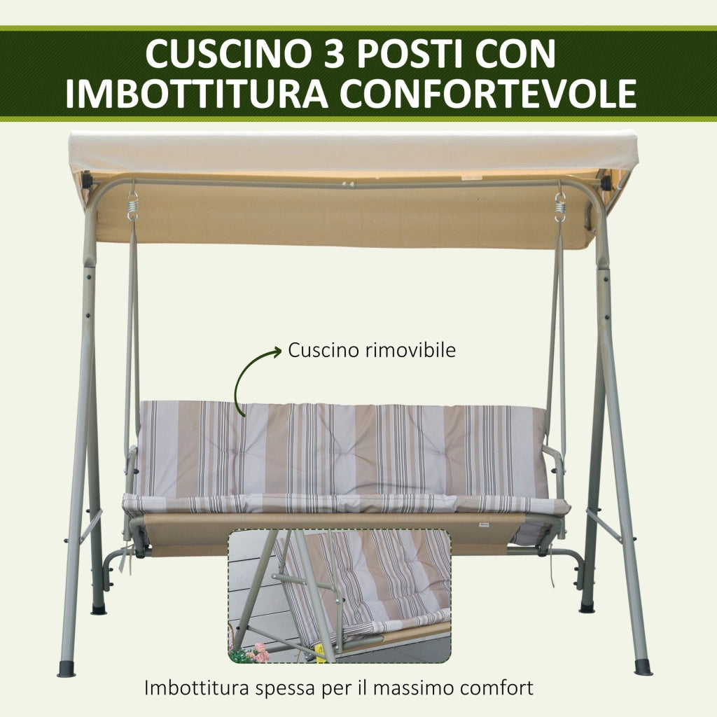 Easycomfort Dondolo da Giardino 3 Posti in Acciaio con Tetto Regolabile, Cuscini e Braccioli, 172x110x156cm
