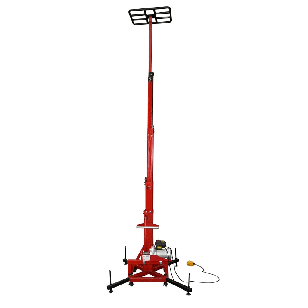 Elevatore elettrico per materiali edili, altezza massima 4,85 m, portata 200 kg con telecomando.