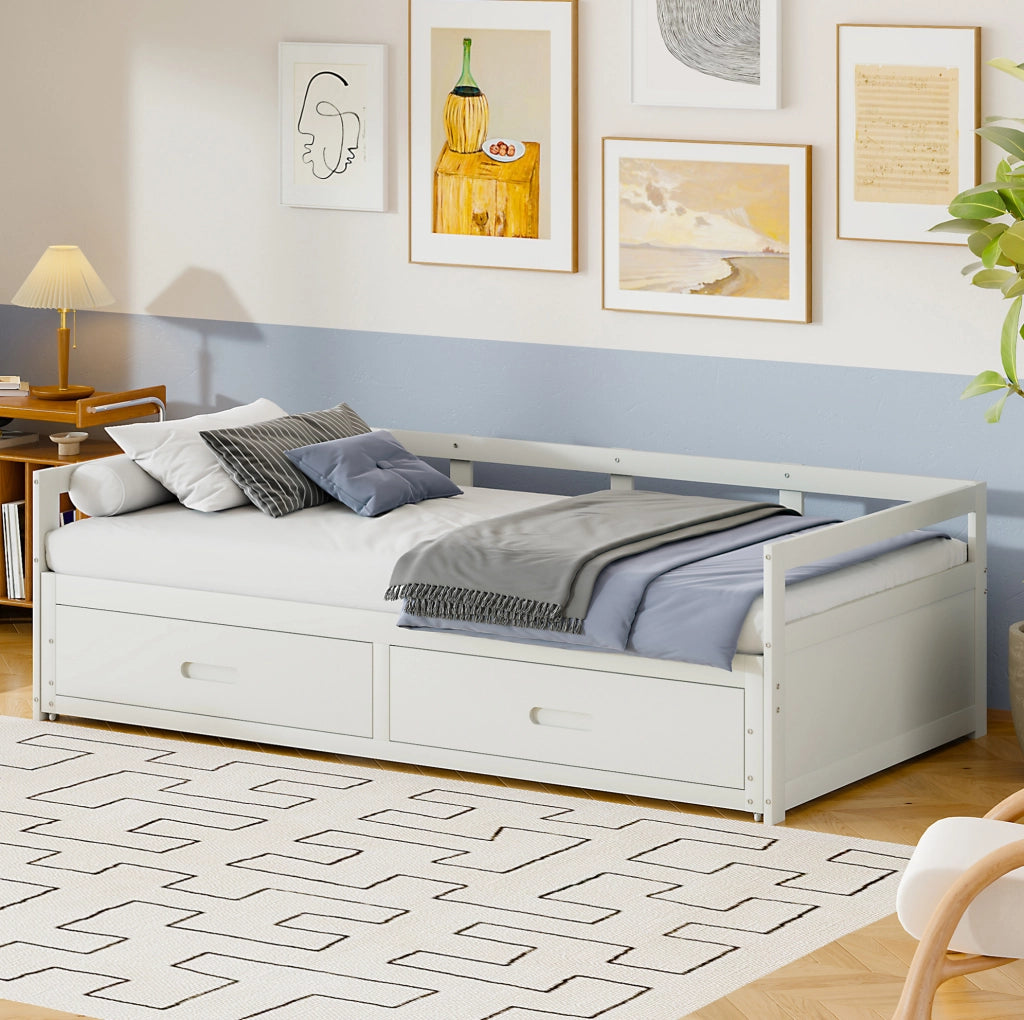 Divano letto estraibile 90/180x200 cm con 2 cassetti; in legno di pino