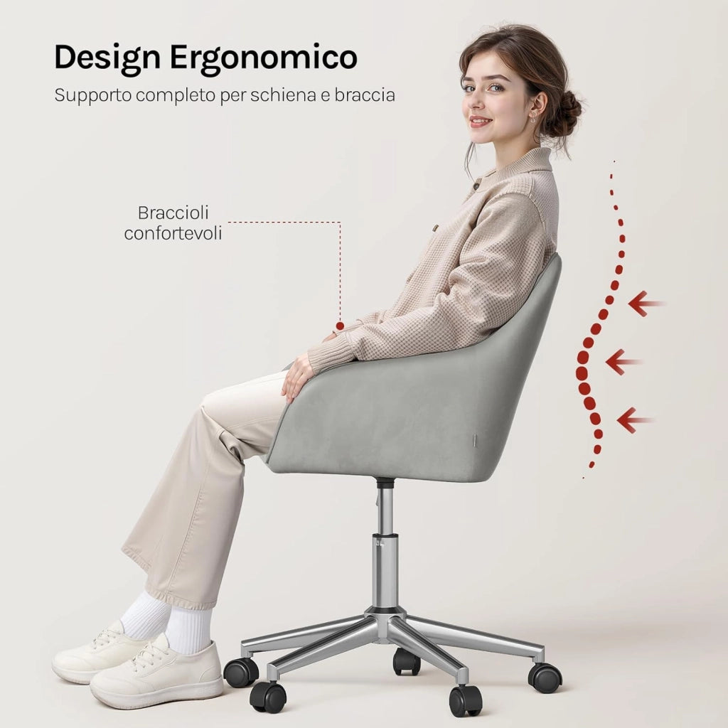Sedia Ufficio in Velluto con Braccioli e Rotelle, Poltroncina Regolabile in Altezza Girevole, Sedia da Trucco, Grigio Chiaro, BS145hgr