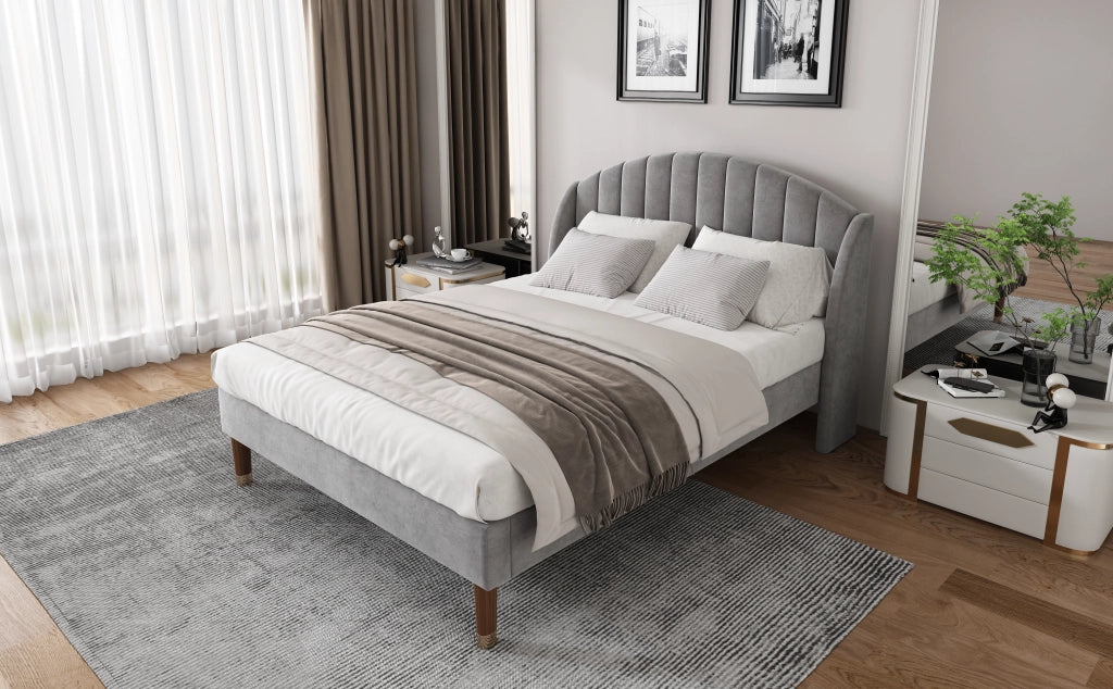 Letto imbottito matrimoniale con testiera imbottita e piedi da 20 cm, 160 × 200 cm, senza materasso, grigio