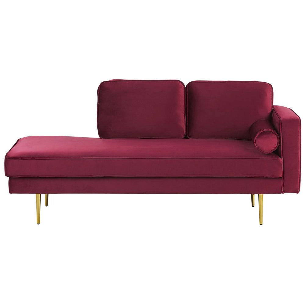 Chaise longue Velluto Rosso Scuro Imbottito versione destra Orientamento Gambe In Metallo Rafforzamento Cuscino Design Moderno