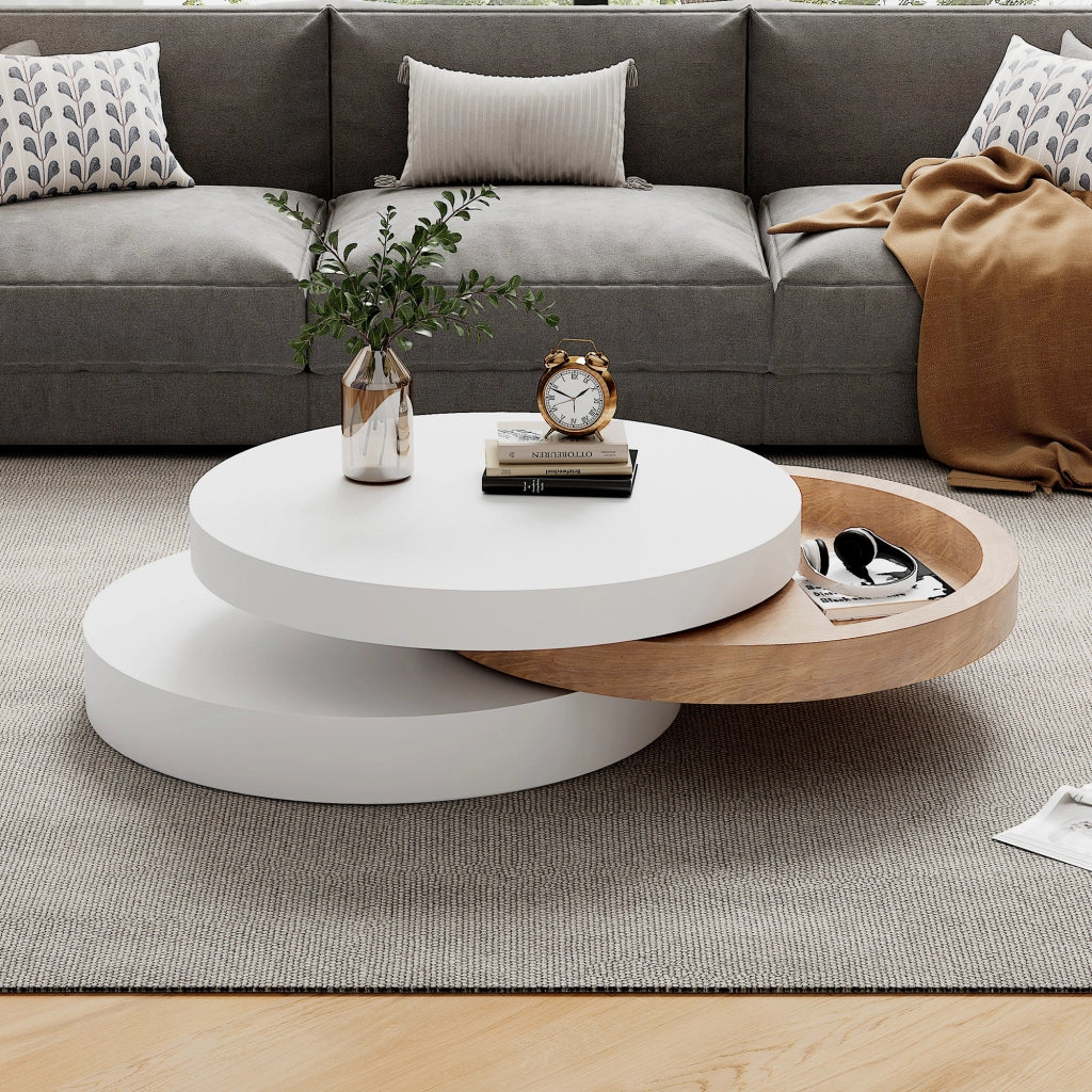 Tavolino basso girevole con 3 piani e vano contenitore nascosto per soggiorno in MDF bianco e legno naturale 60 × 60 × 35,1 cm
