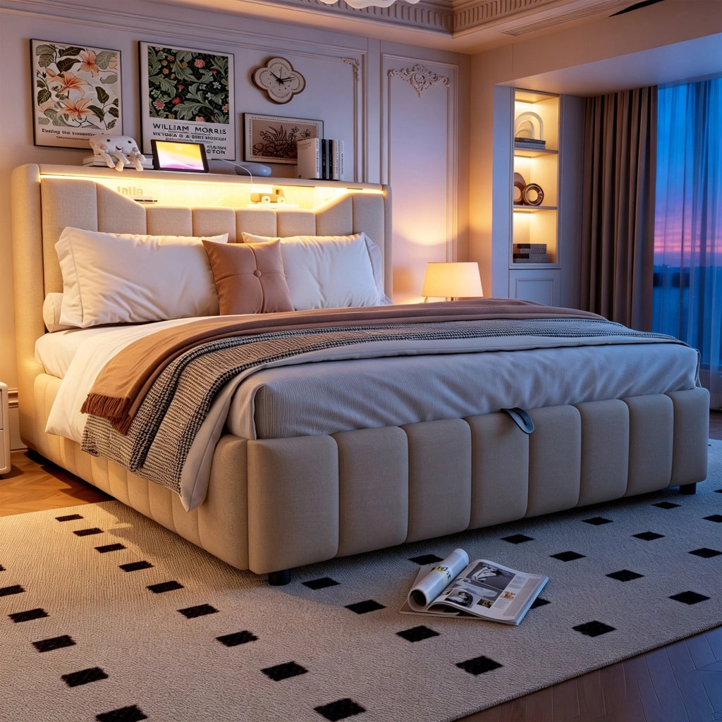 Letto matrimoniale 140x200 cm con contenitore idraulico; LED; USB e USB-C beige