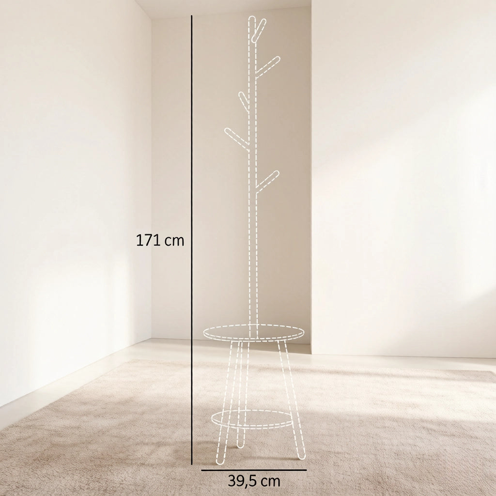 Appendiabiti moderno a terra con ripiano rotondo e ganci verticali, elegante supporto da ingresso, appendiabiti multifunzionale