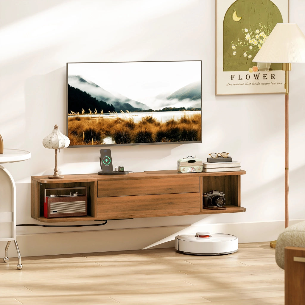 Mobile TV Sospeso con Cassetto, Ripiani e Prese ¨C zephmum ¨C Noce, 120x24x22.4 cm