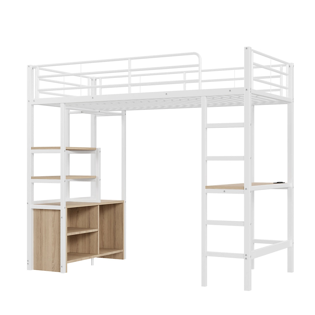Letto a castello bianco con scrivania funzione presa usb scaffali in metallo 90x200 cm