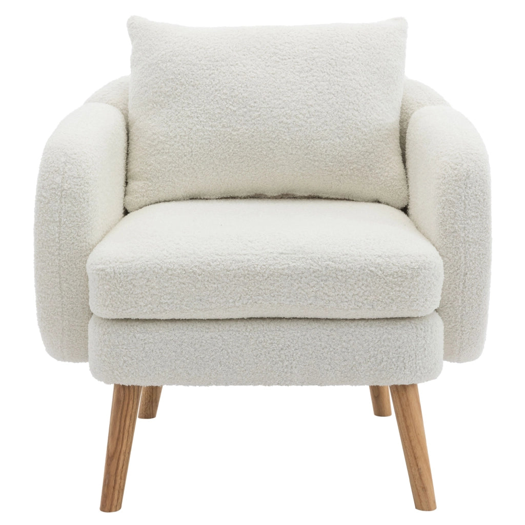 Poltrona in tessuto teddy con cuscino lombare e seduta da 14 cm, struttura in legno massello bianco 71 × 72 × 71 cm