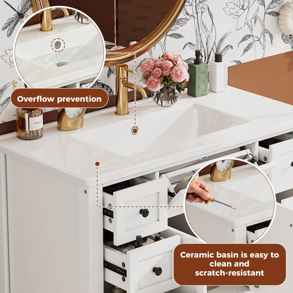 Mobile sottolavabo con lavabo in ceramica, 6 cassetti, 1 cassetto ribaltabile, ante e vani aperti, per bagno, bianco