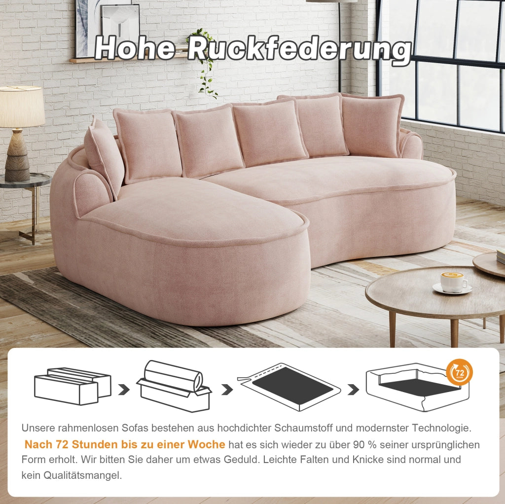 Divano modulare senza struttura in chenille rosa con chaise longue; 252x164x67 cm