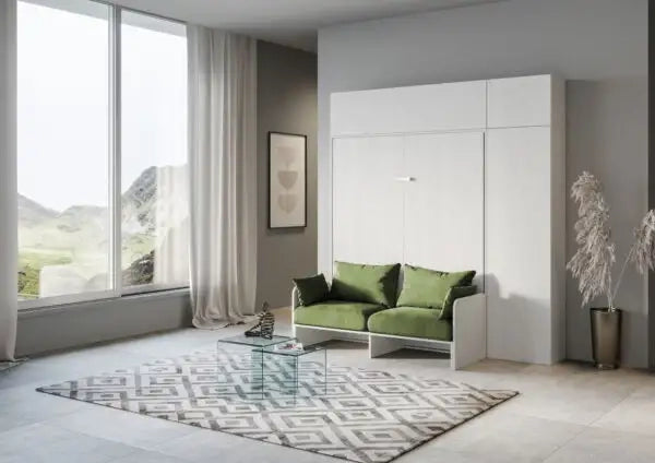 Letto matrimoniale a scomparsa 160 Kentaro con divano e mobili bianco frassino, verde
