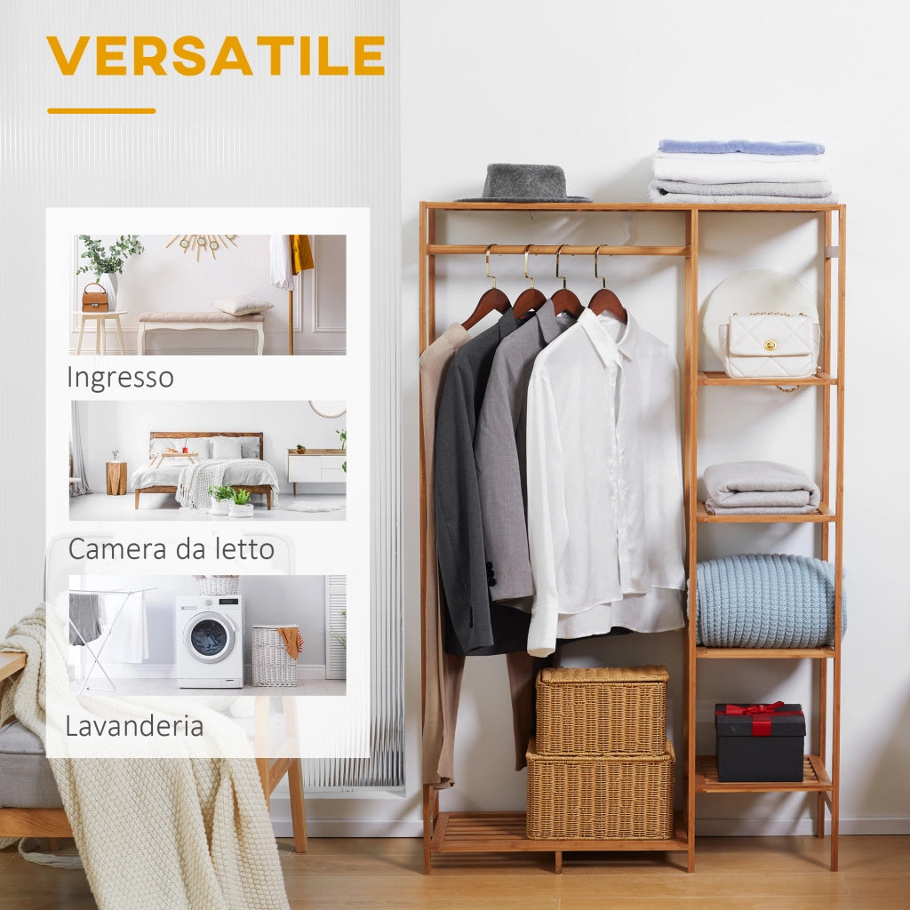 Appendiabiti in Bamb¨´ con Scaffale a 6 Livelli e Barra Attaccapanni, 90x30x145 cm, Legno Naturale