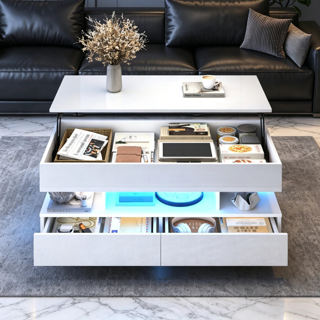 Tavolino da caffè alzabile con 2 cassetti e LED per soggiorno; 100×50×45 cm; bianco
