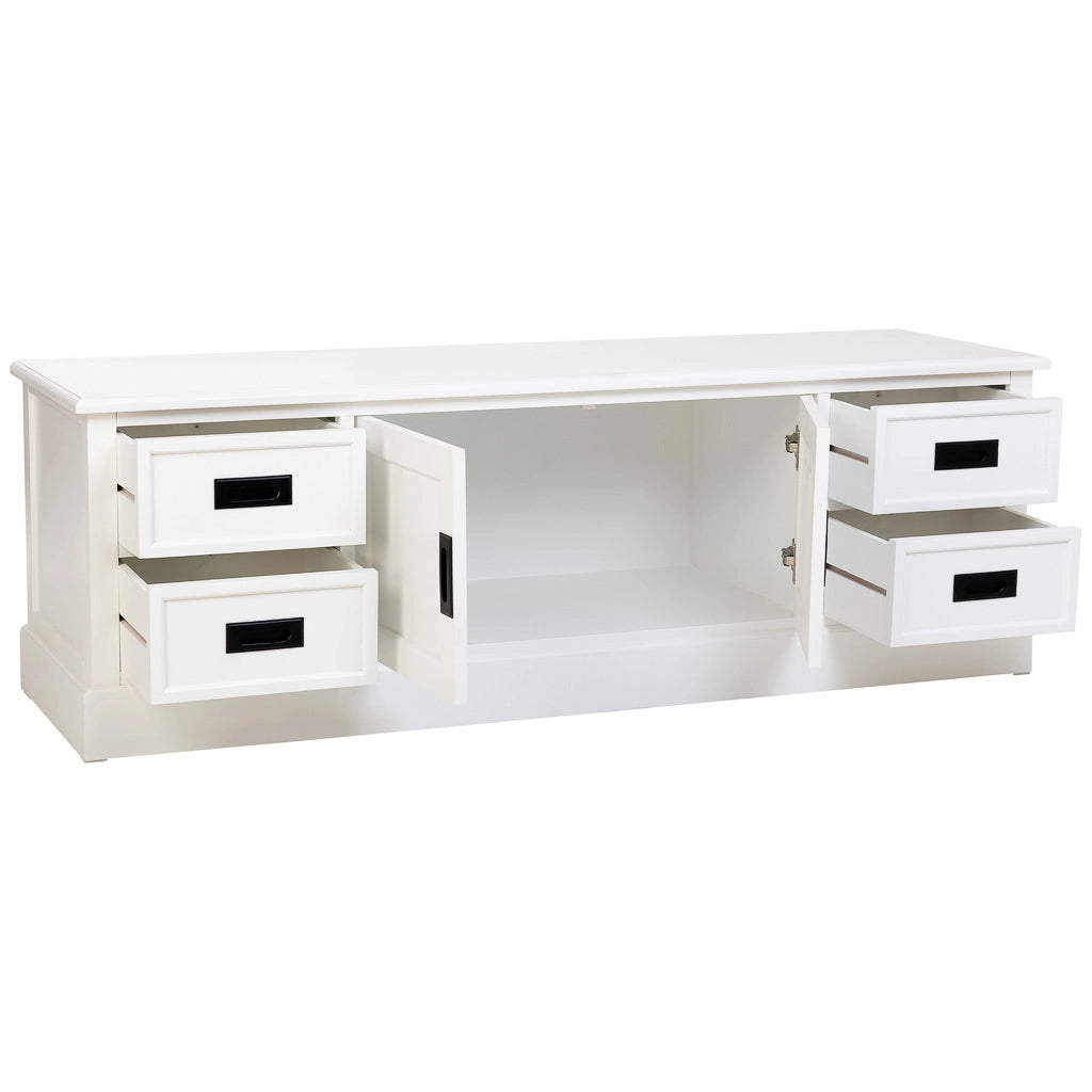 Mobiletto basso in legno bianco con 2 ante 4 cassetti 154x45x51,5h cm