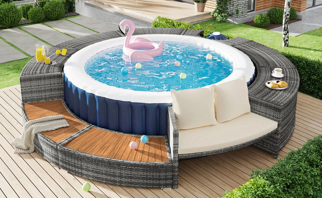 Set da salotto da giardino divano rotondo con cuscini piedini regolabili per terrazzo e zona piscina grigio