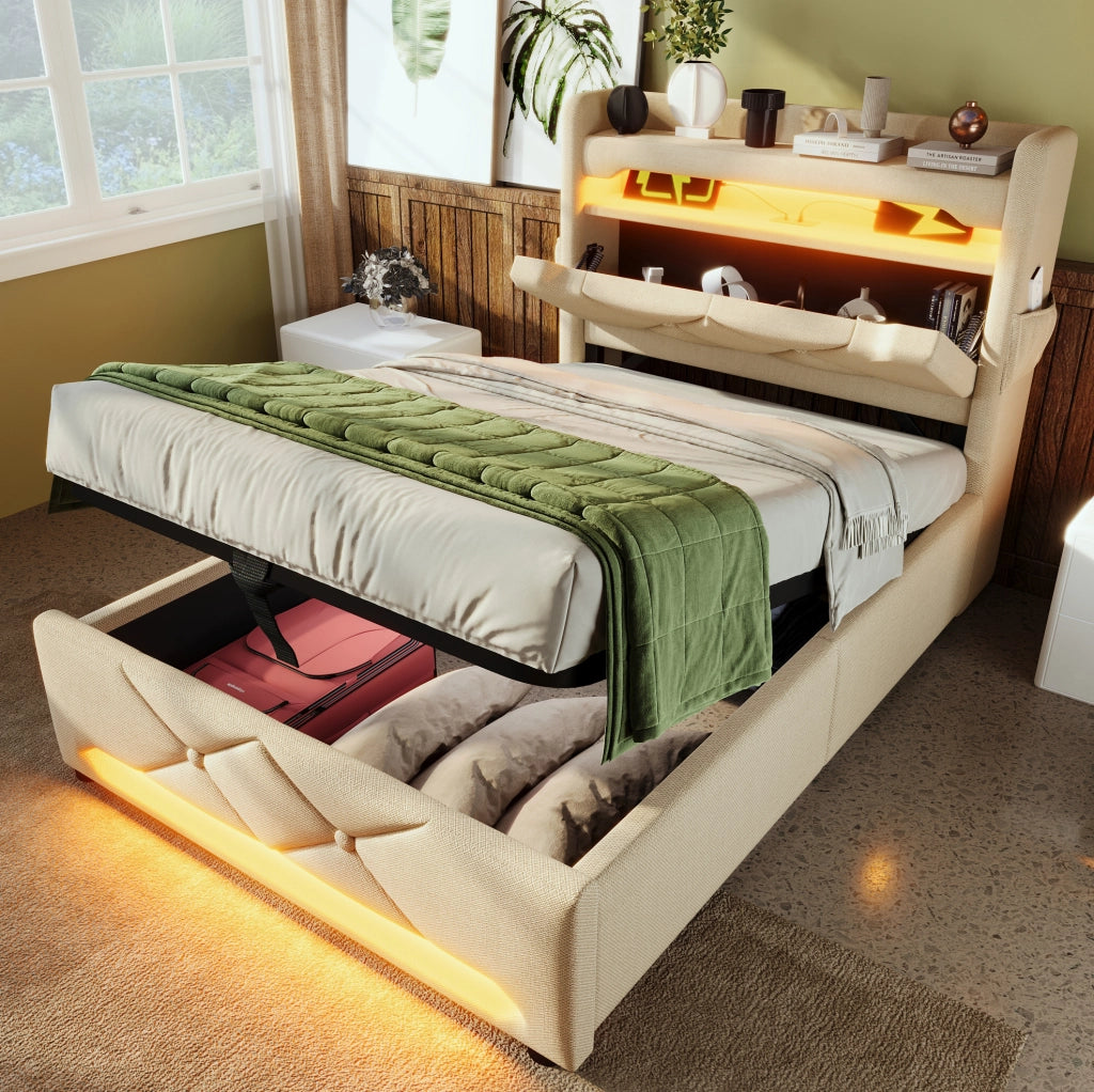 Letto Imbottito 90x200 cm Beige con LED 360°, Testiera USB-C e Contenitore Idraulico