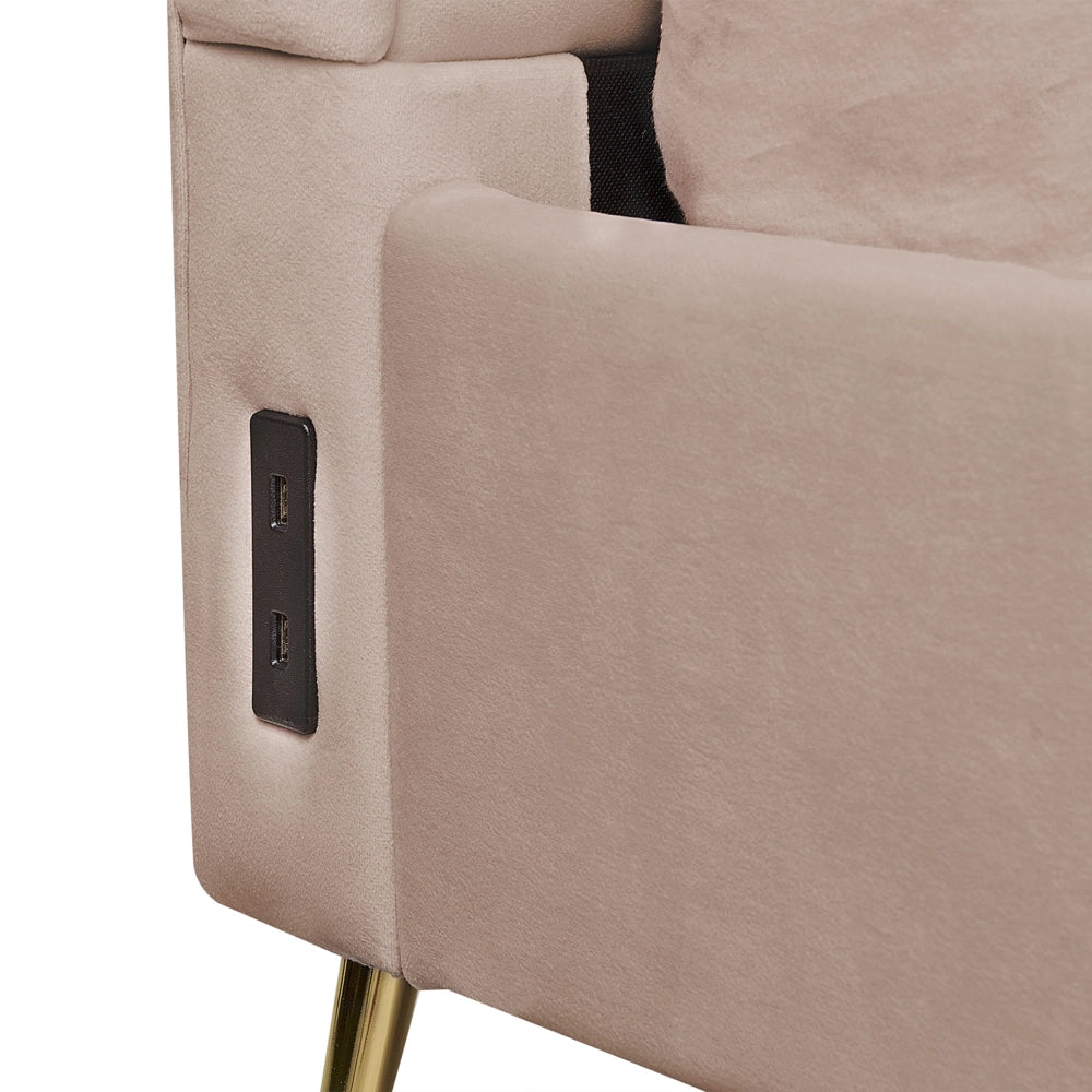 Letto in velluto beige tortora rivestito con gambe in metallo dorato UE Dimensioni doppie 140 x 200 cm con testata con porta USB Camera da letto moderna e glam.