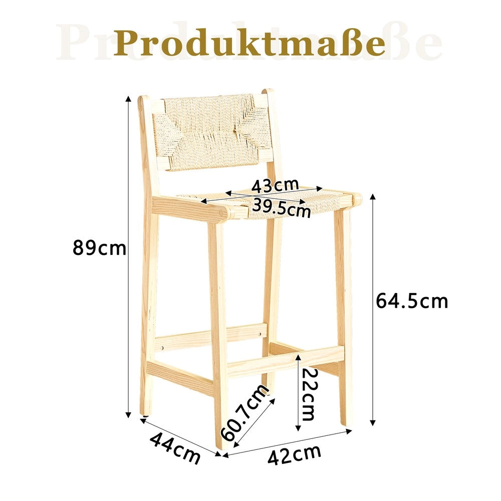 Set 2 Sgabelli da Bar ¨C MINIMAL ¨C Rattan, Legno Massello, Corda Intrecciata, Stile Country