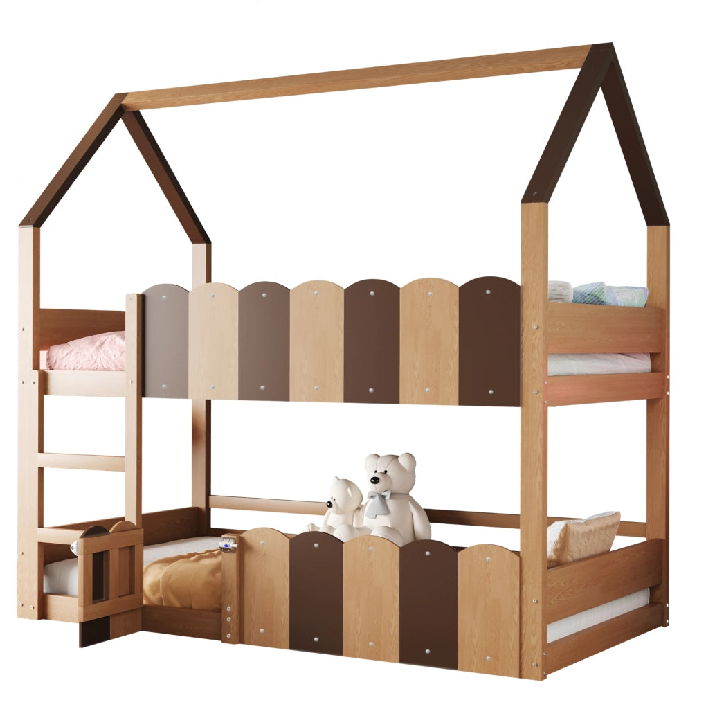 Letto a castello per bambini a forma di casa 90x200 cm in legno naturale con sbarre di sicurezza