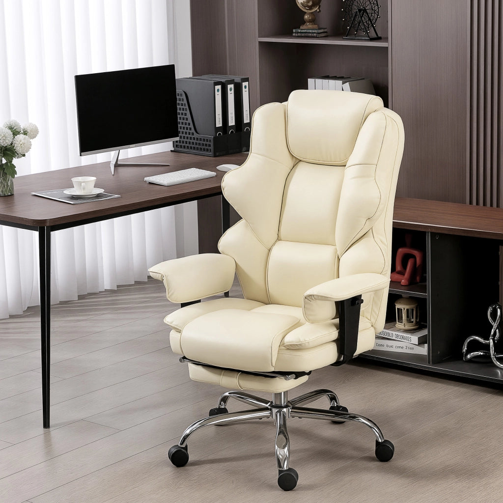 Sedia da Ufficio con Schienale Imbottito e Poggiapiedi ¨C Zephmum ¨C Pelle PU, Metallo, Bianco Crema, 76x73x117-125 cm