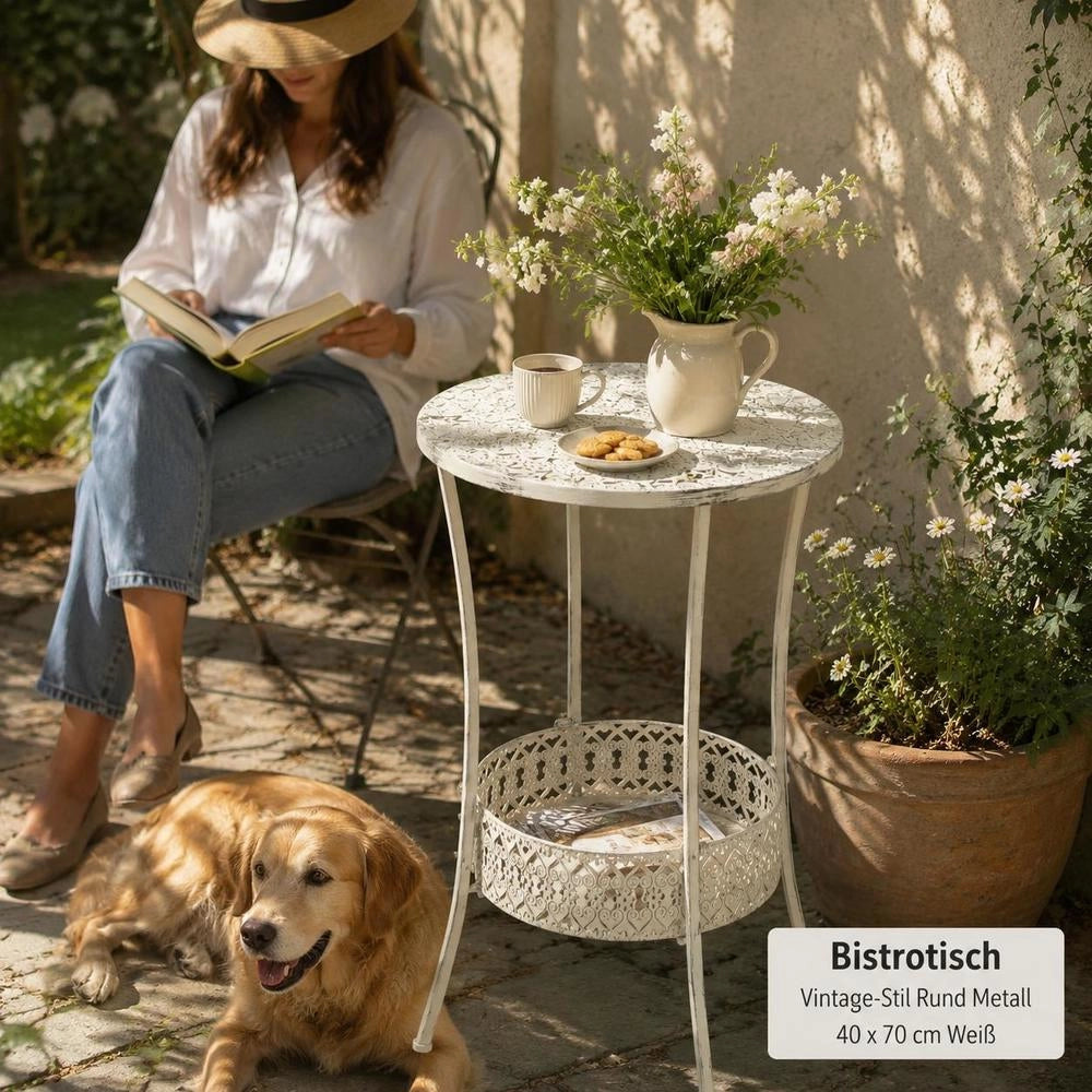 Bistro Table Vintage Style Round Metal 40 X 70 Cm White