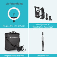 Instarter Ring light a LED con treppiedi, Luce ad anello orientabile a 180°, Lampada per video da 60 W con testa a sfera 360°, illuminazione regolabile