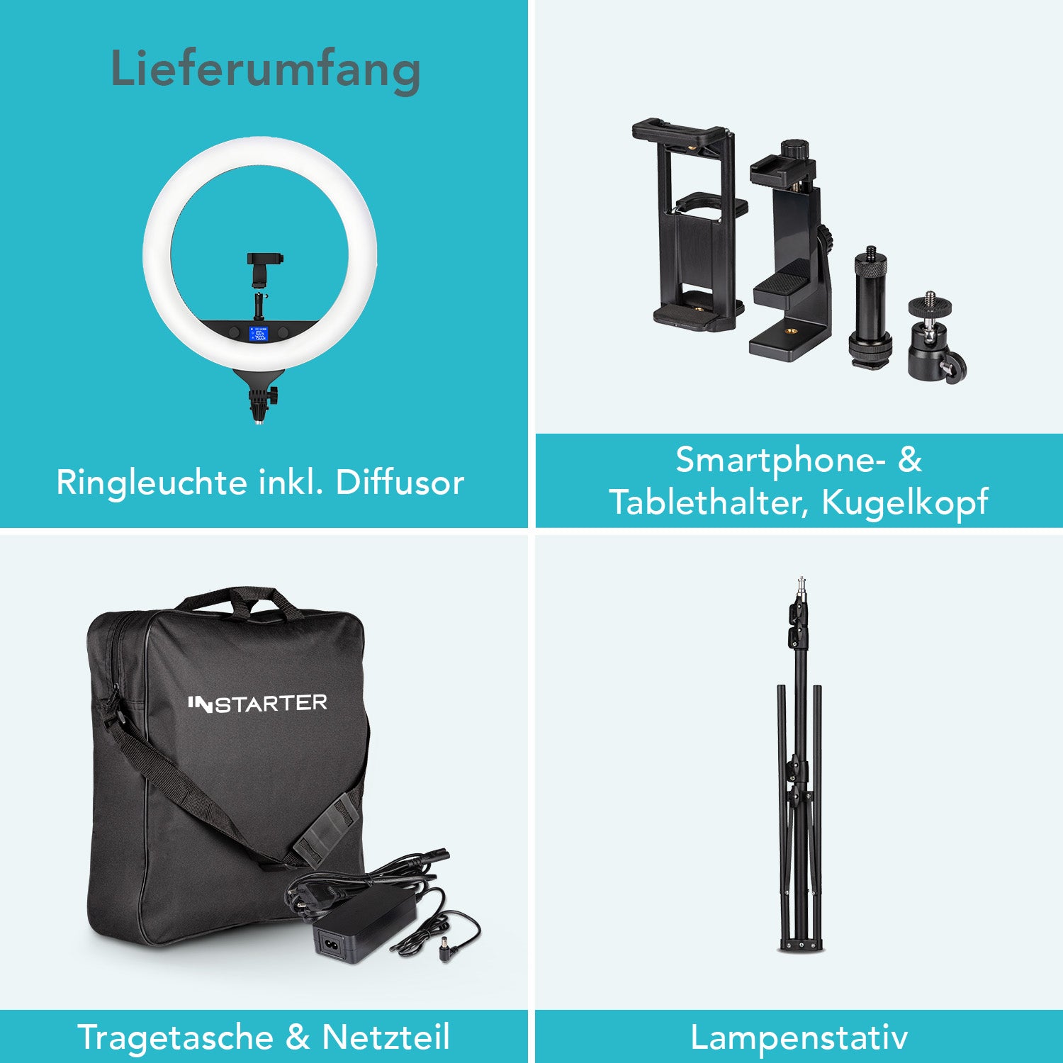 Instarter Ring light a LED con treppiedi, Luce ad anello orientabile a 180°, Lampada per video da 60 W con testa a sfera 360°, illuminazione regolabile