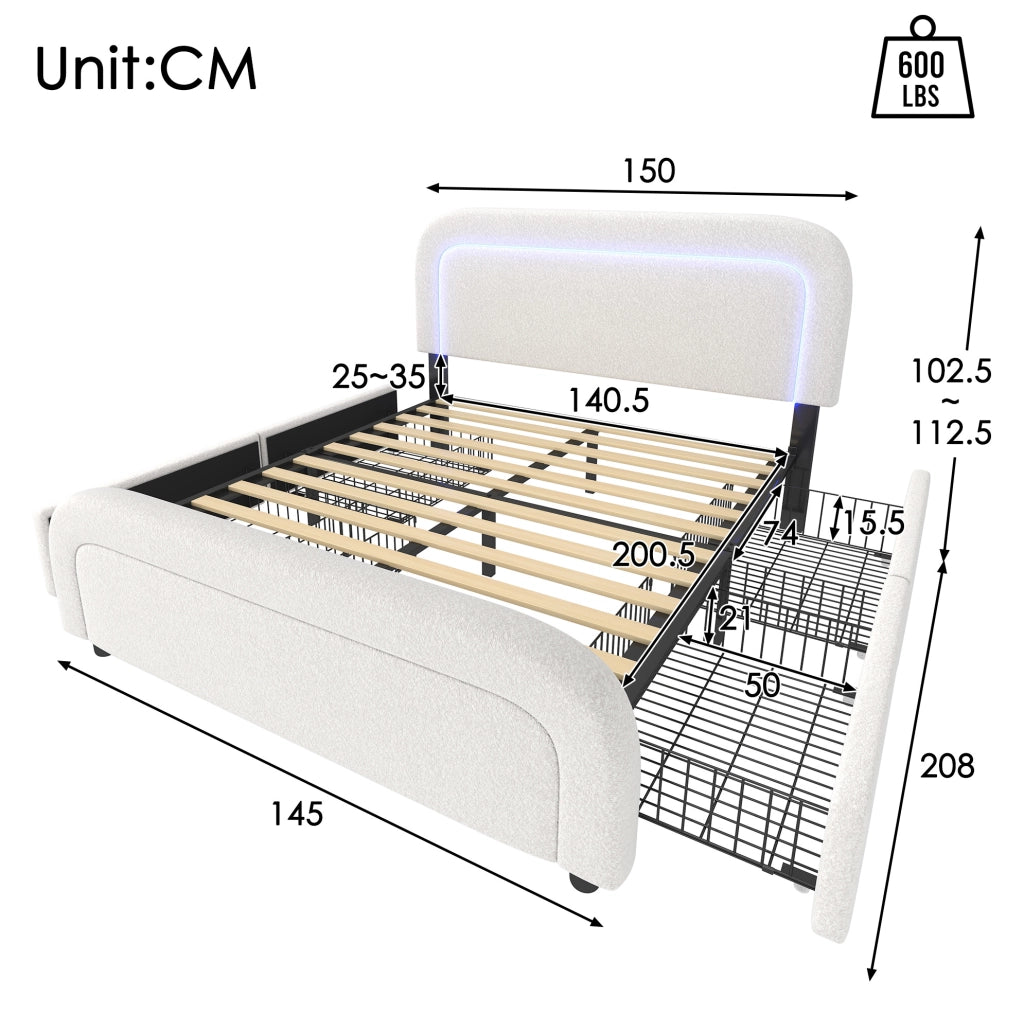 Letto matrimoniale 140x200 cm in Sherpa bianco con USB e Type-C; LED e 4 cassetti