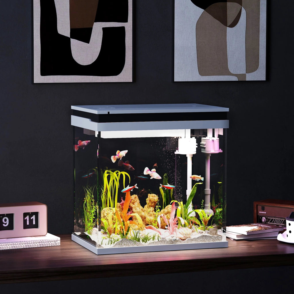 Acquario Pesci Rossi 26L ¨C zephmum ¨C Bianco 38x26x38 cm con Luci LED e Filtro