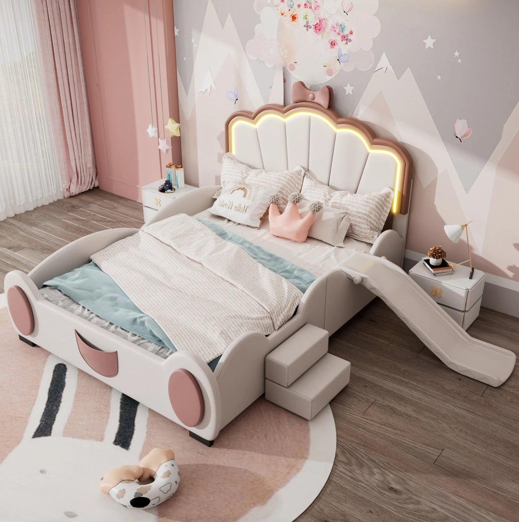 Letto per bambini 140x200 cm a farfalla con LED e scivolo