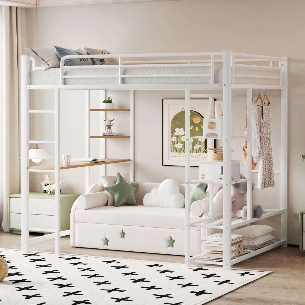 Letto a soppalco 90x200 cm con scrivania e armadio, bianco