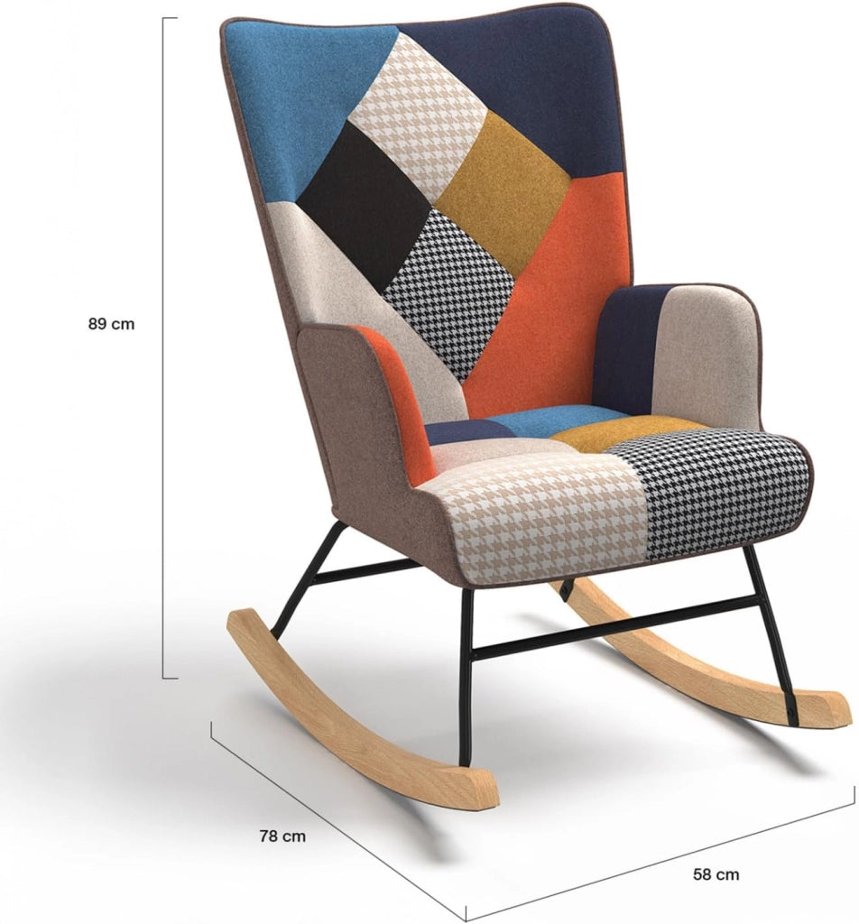 Poltrona scandinava IVAR in tessuto patchwork a dondolo multicolore