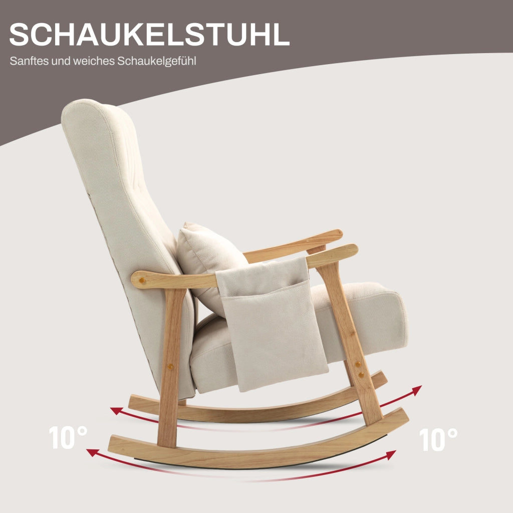 Poltrona a dondolo imbottita con cuscino lombare e tasche laterali struttura in faggio in poliestere beige