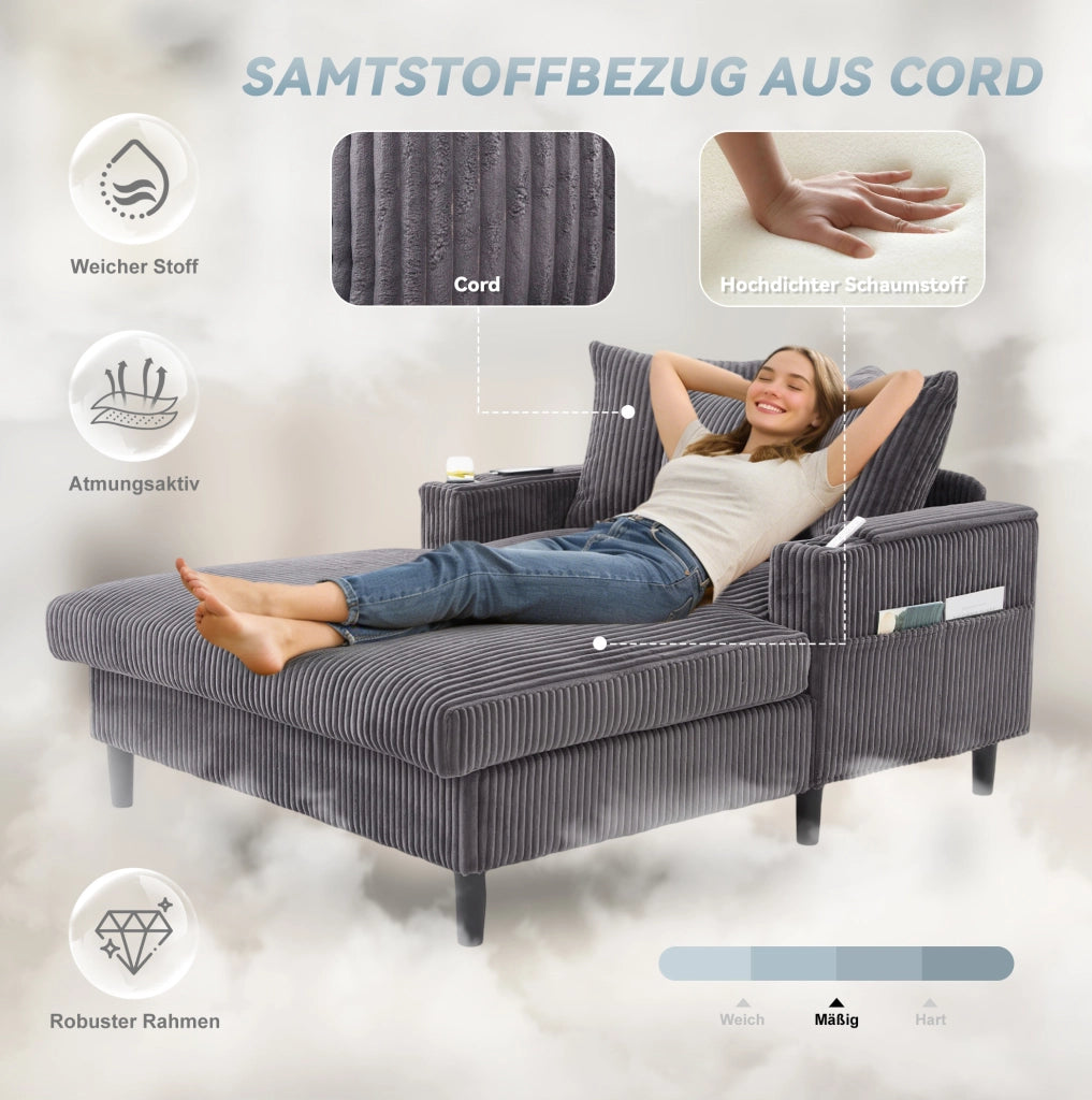 Chaise longue in velluto a coste grigio scuro con LED e USB
